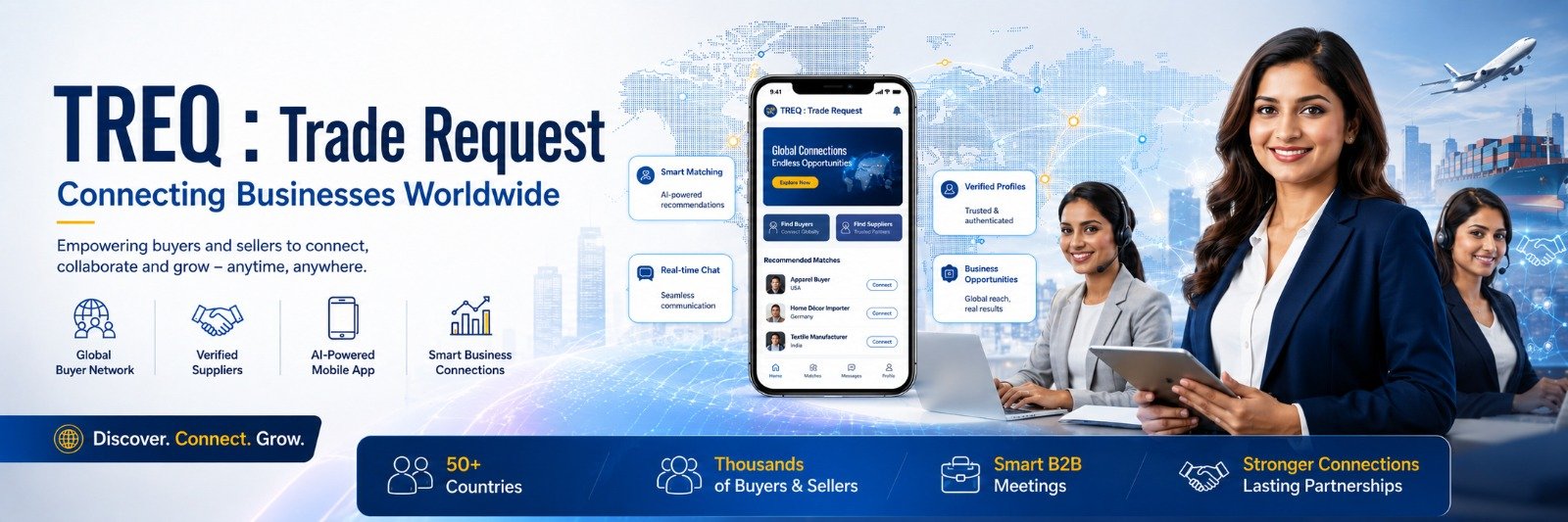 TREQ Trade Request connects businesses worldwide through verified suppliers, buyer networks, smart matching, and real-time chat